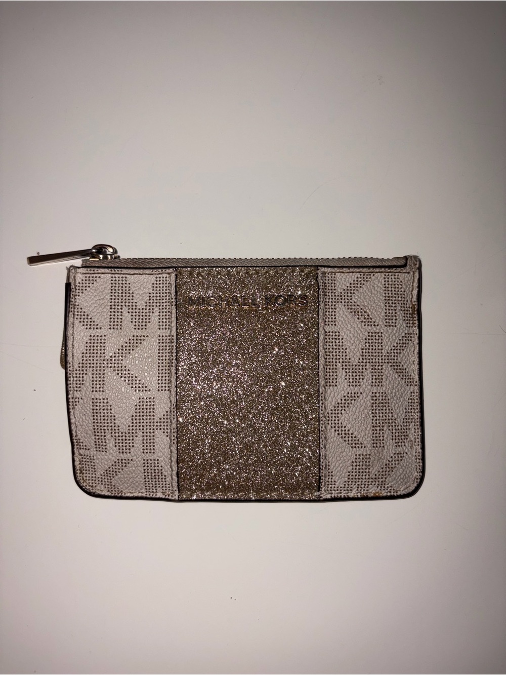 Michael Kors Glitter Logo Zip Card Case - Taupe/Gold